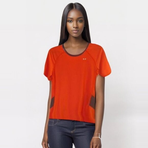 Under Armour Womens orange heat gear compression short slv top Sz S - Picture 1 of 5